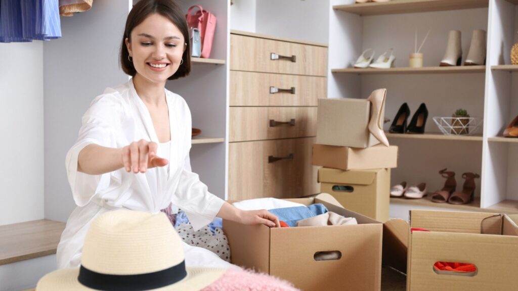 Young Woman Arranging Clothes at Wardrobe. Home Improvement, Organizing, Decluttering.