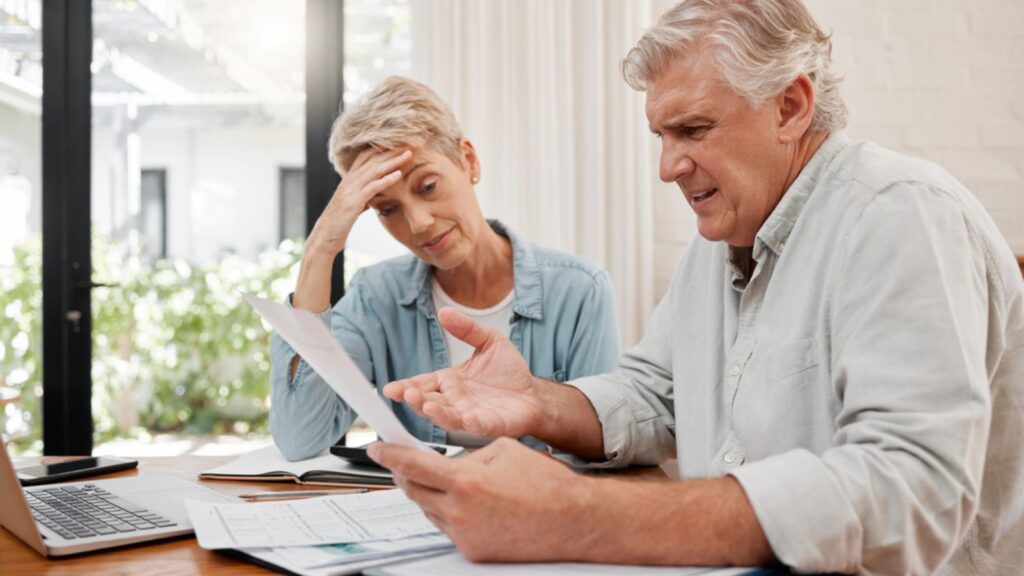 Stress woman, angry man and senior people pension problem, admin crisis and budget mistake