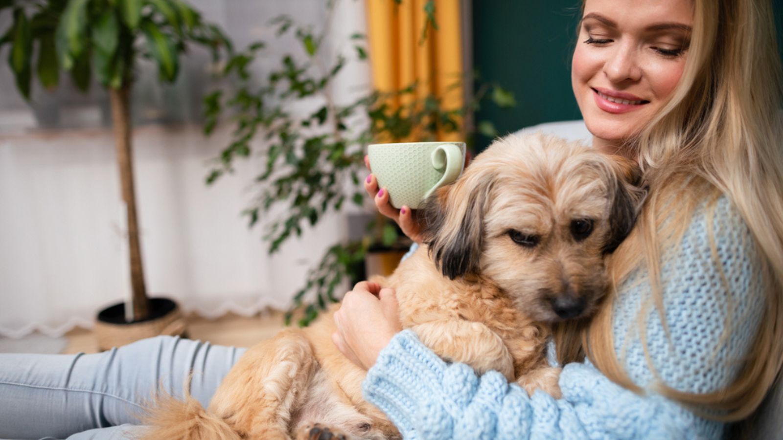 woman relaxing with her dog and a cup of coffee living room